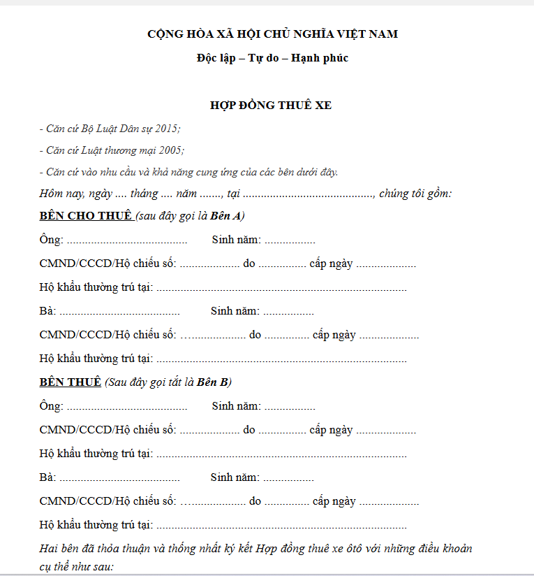 Hợp Đồng Thuê Xe